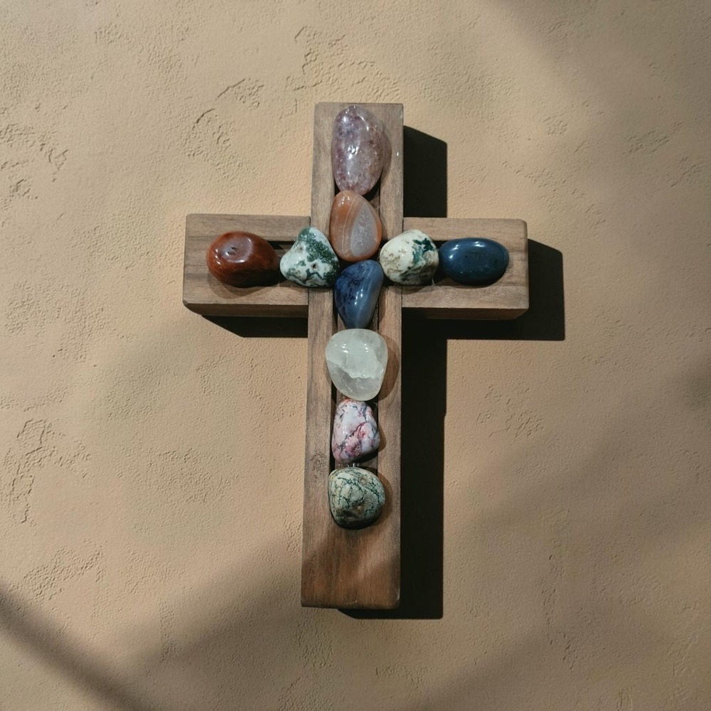 Wood Wall Cross Inlaid Natural Stones cottagecore rustic bohemian folk southwest